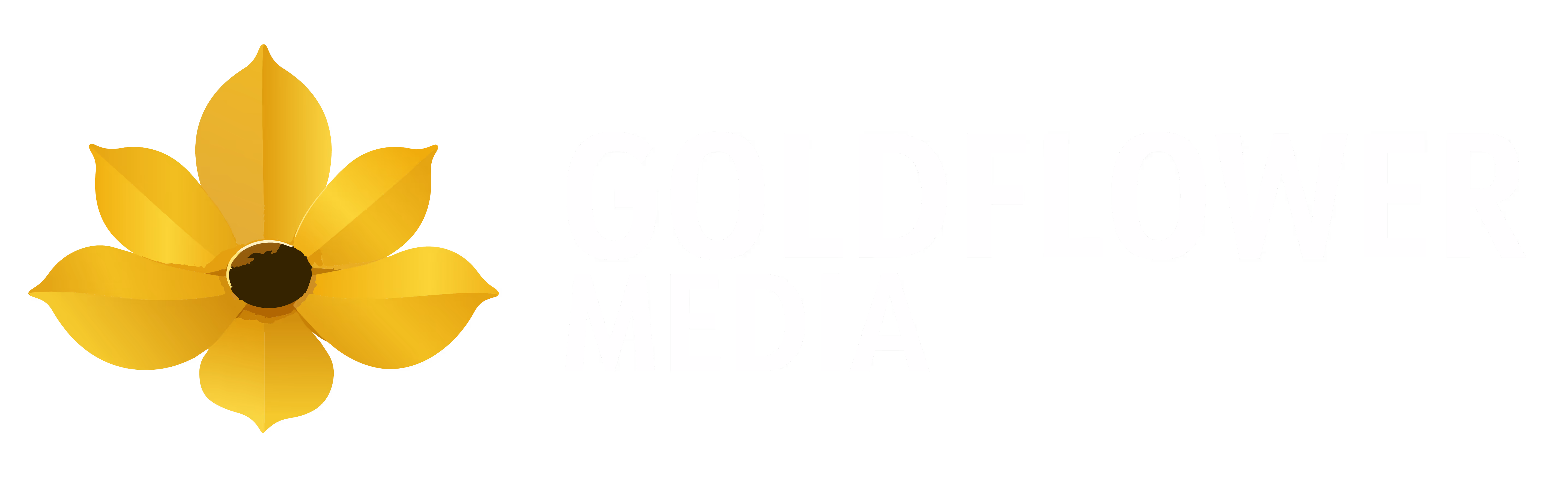 Gold flower icon with white text reading 'GOLDFLOWER MEDIA' on black background.