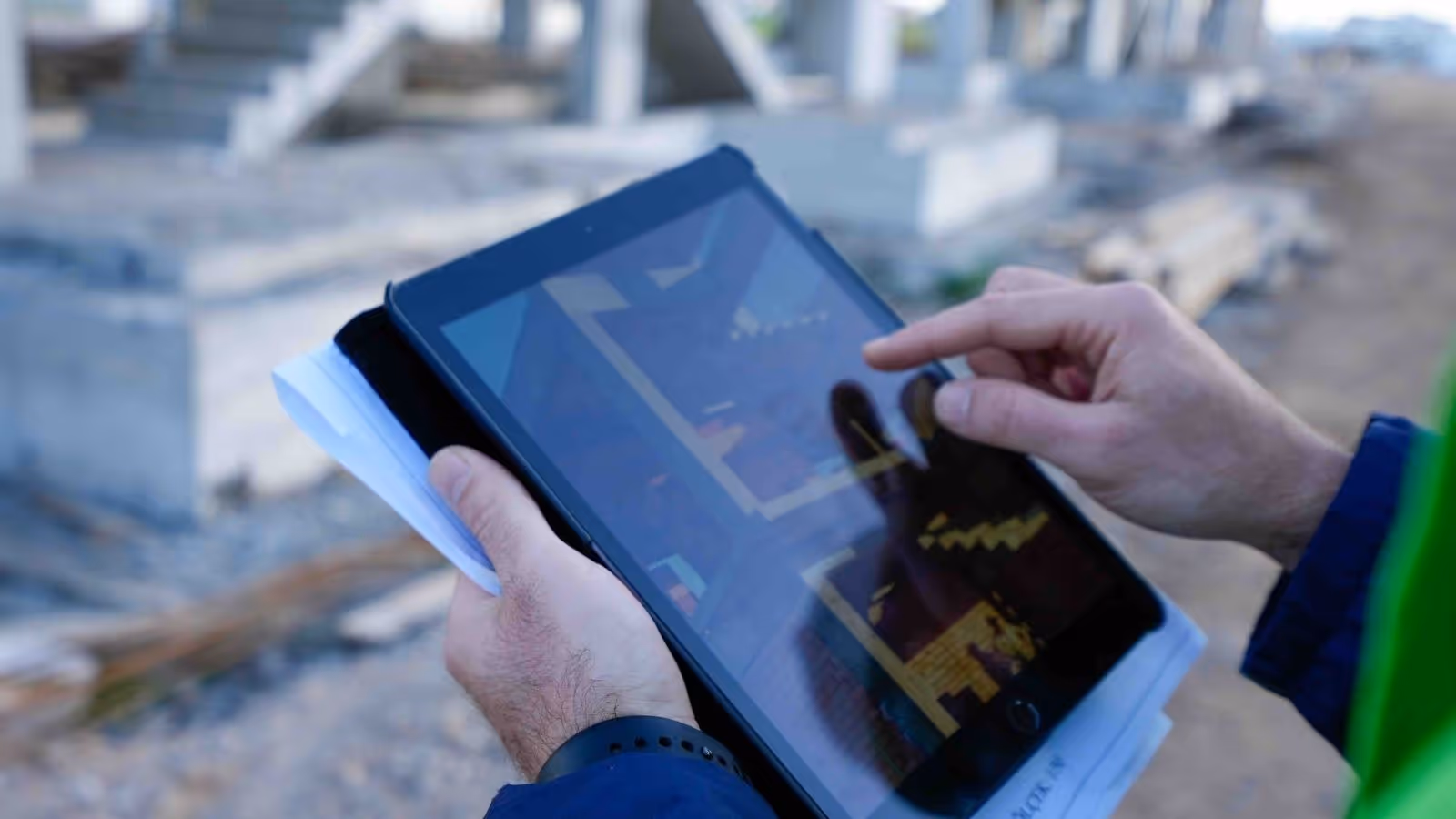 Close up of an ipad showing a construction site and the hand of the ipad user