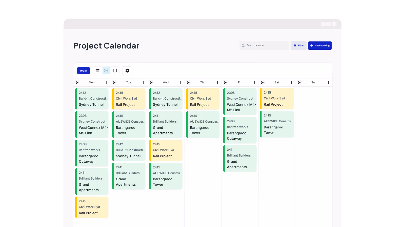 Construction project calendar displaying scheduled jobs and work across the week