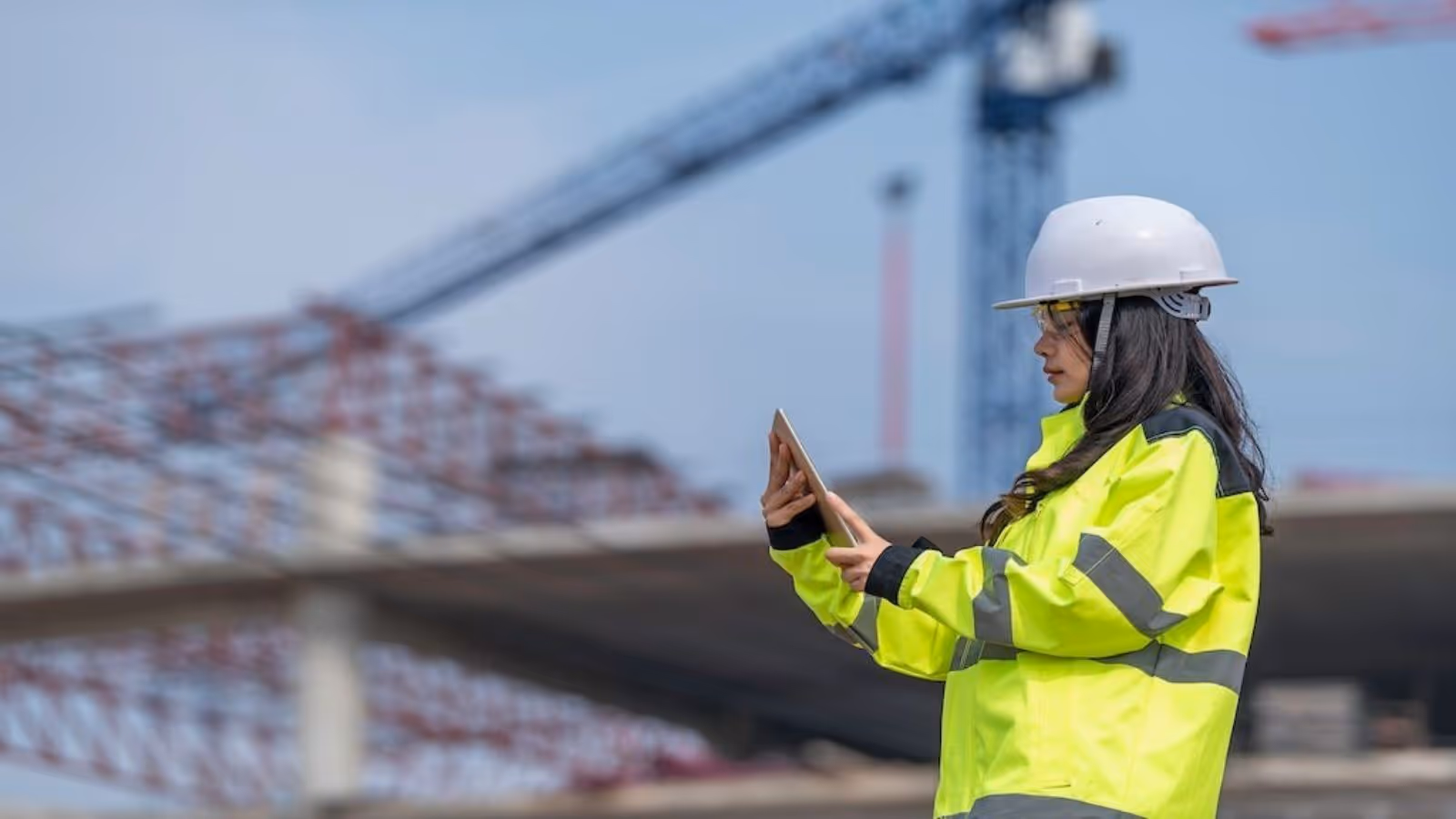 woman on construction site using site diary wearing safety gear