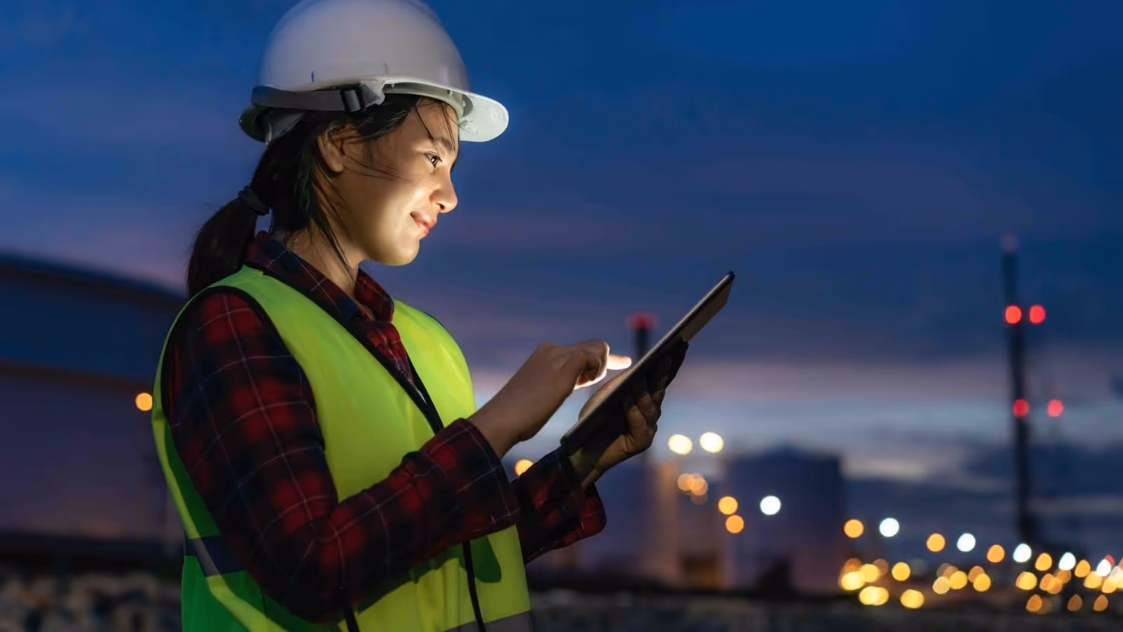 Female construction worker wearing safety gear and using ipad with a well-lit construction at dawn in the background
