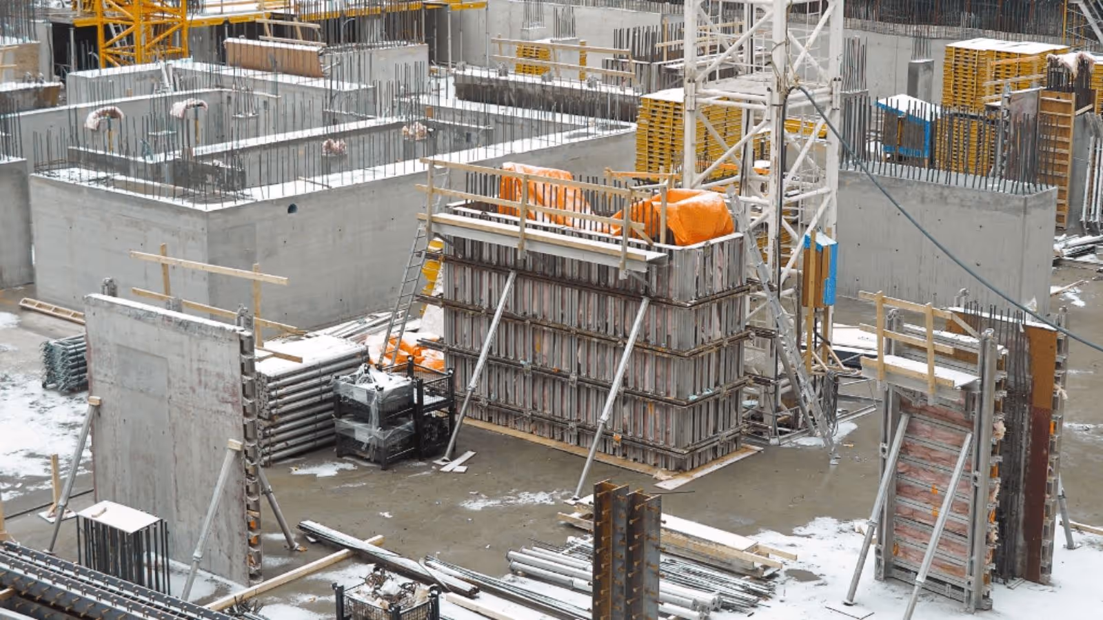 large construction site with steel-reinforced concrete structure