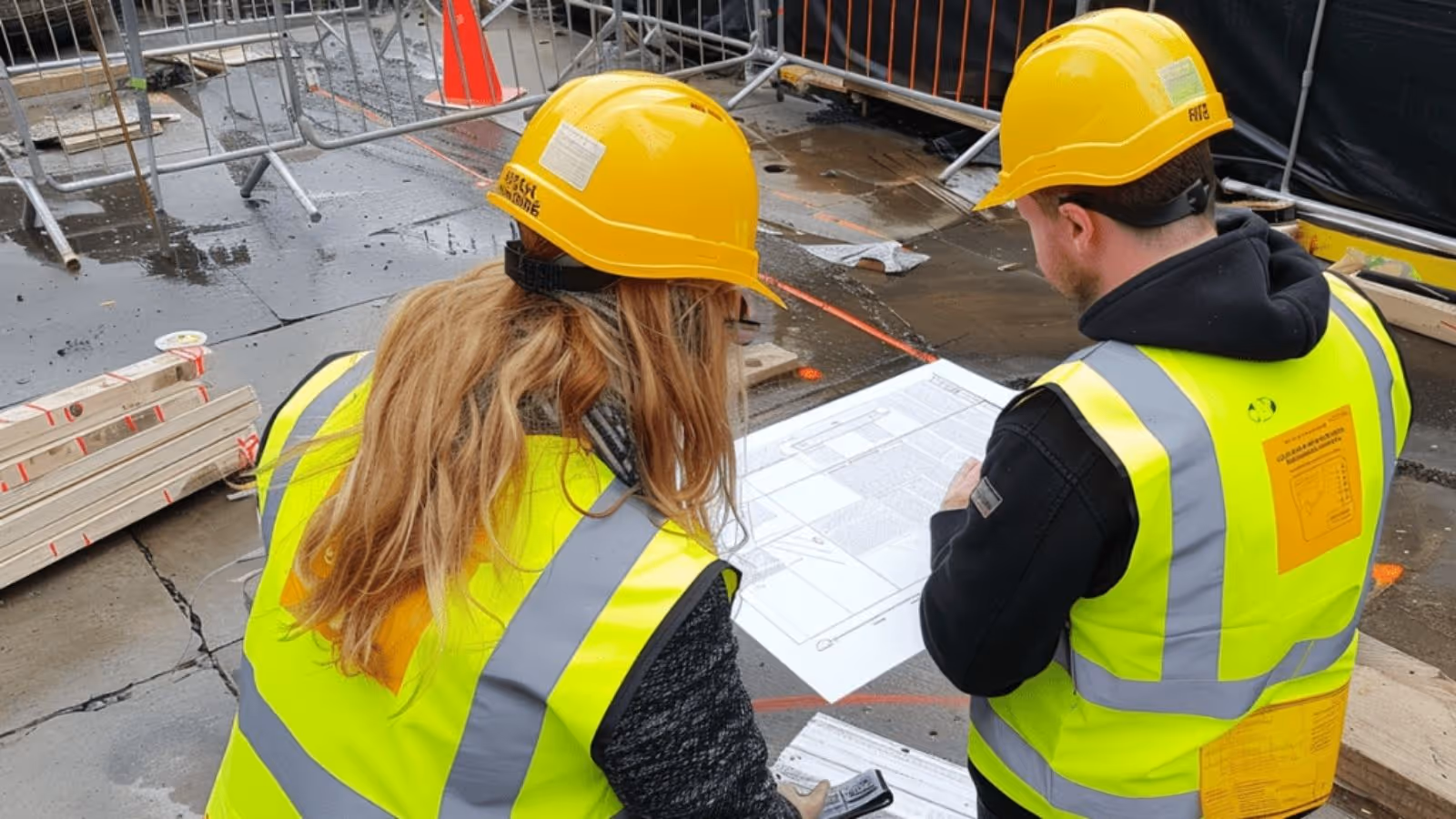 Two construction workers at a construction site making sure of quality assurance by checking plans and diaries