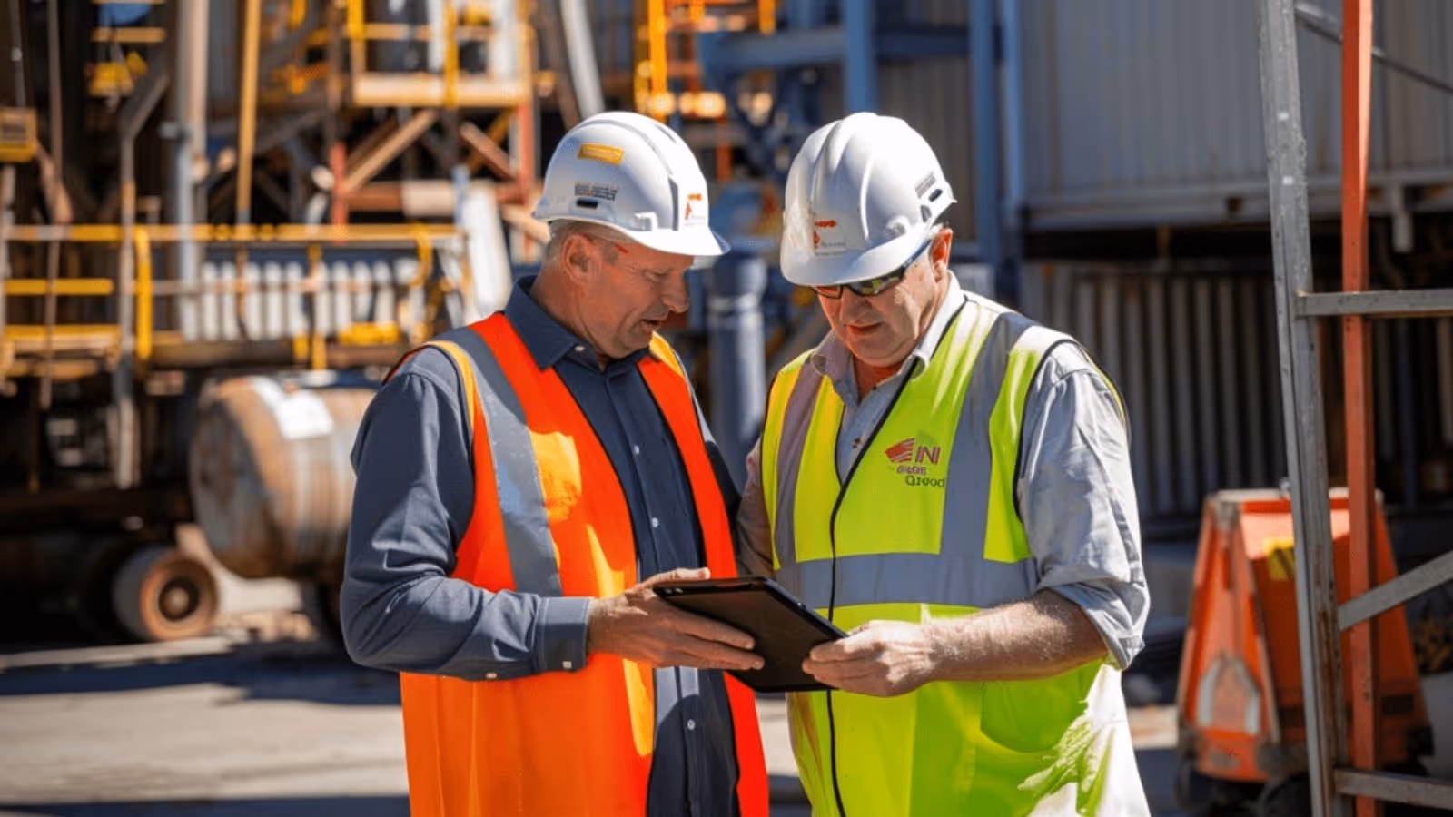subcontractors looking at ipad showing construction software