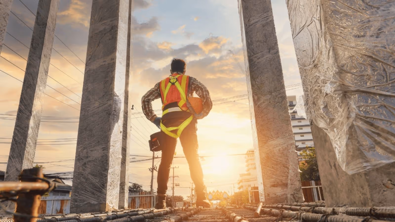 builder on large construction site looking towards the rising sun and away from the camera