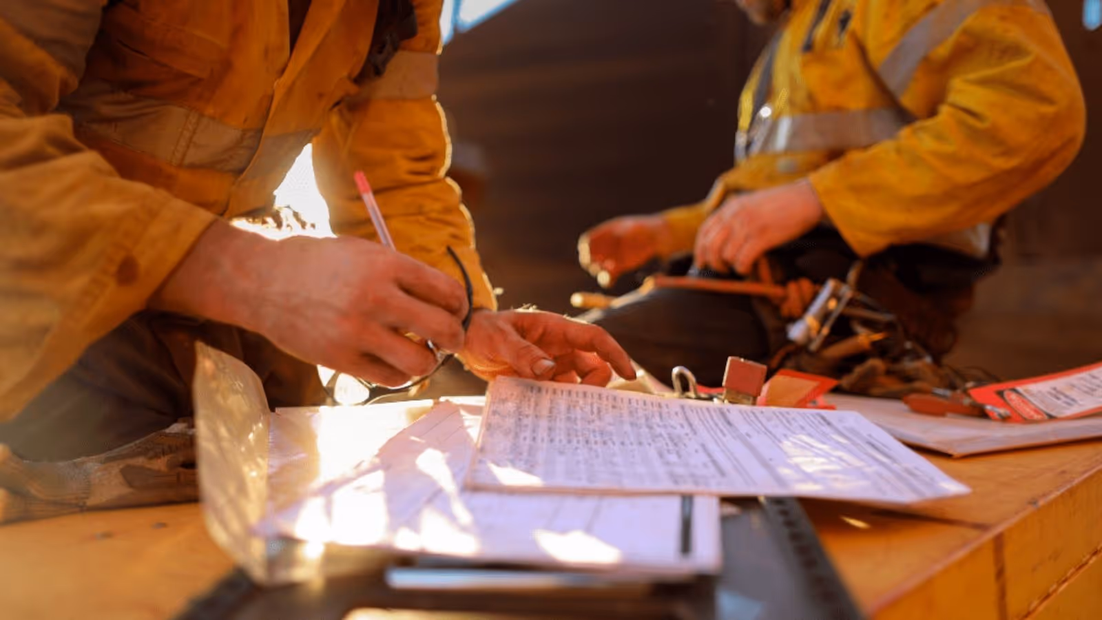 builders reviewing timesheets and documents