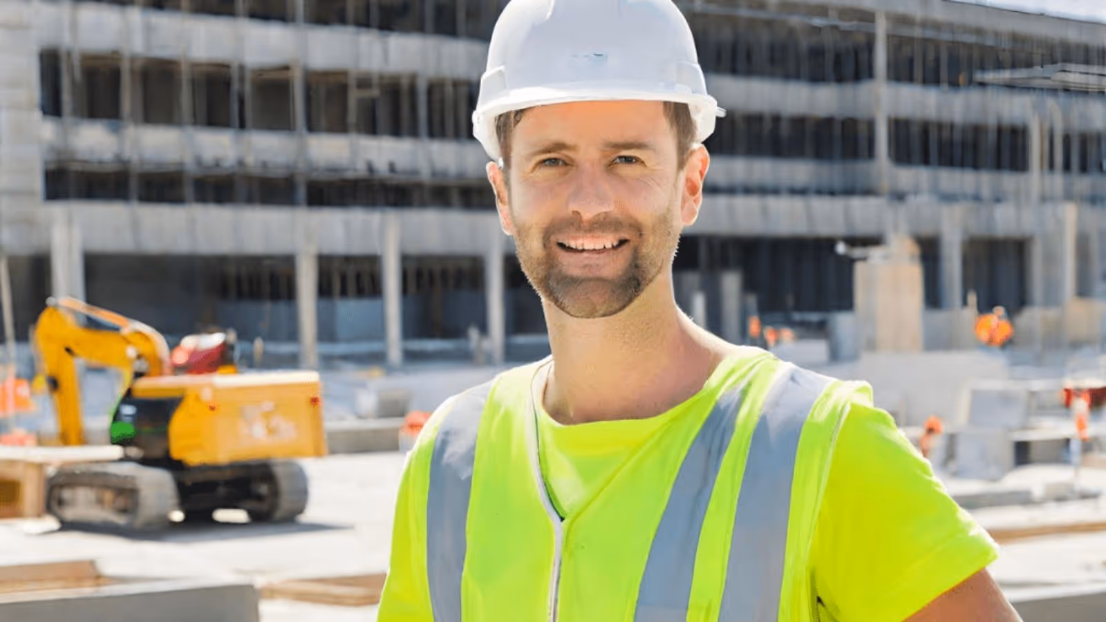 Manager at a large construction site smiling into the camera, a digger standing next to him