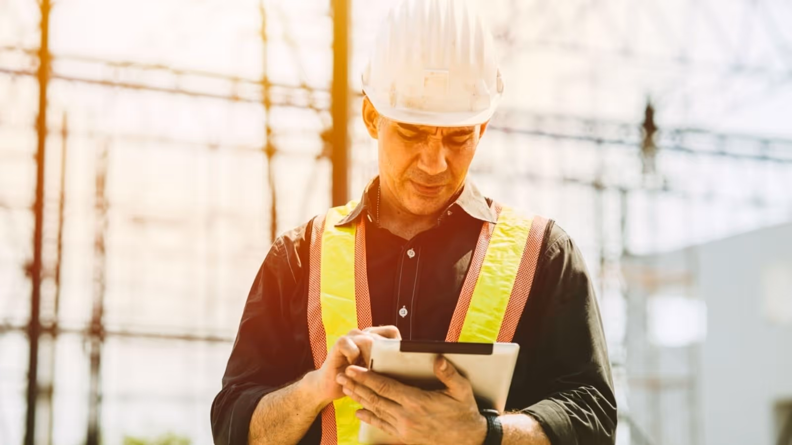 Subcontractor looking at his ipad with scaffolding in the background