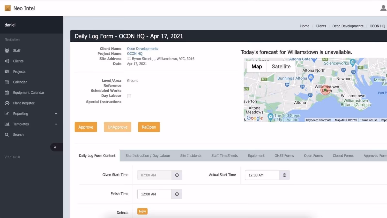 screenshot of the daily log form in Neo
