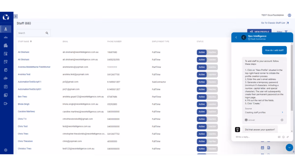 Screenshot of live chat support in Neo Console and staff overview
