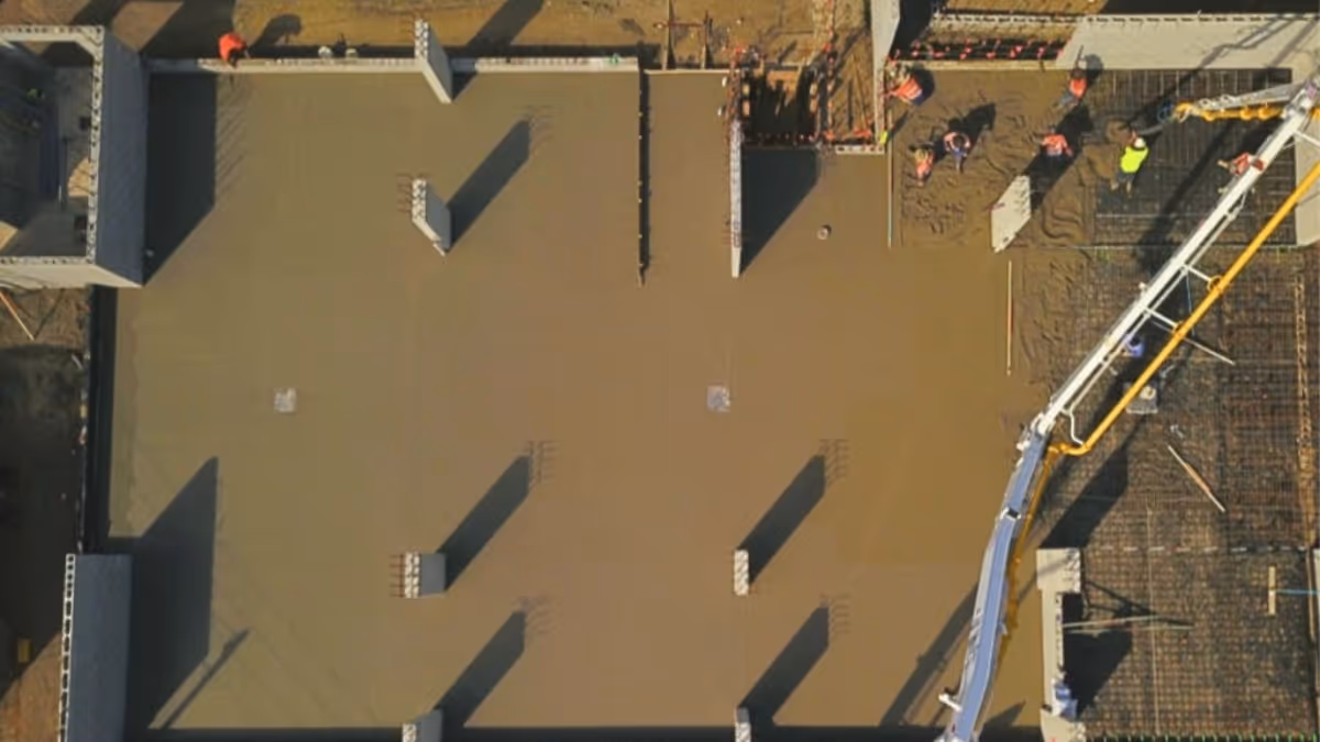 Bird's eye view of a large construction site where concrete is being poured by a SDC Group team