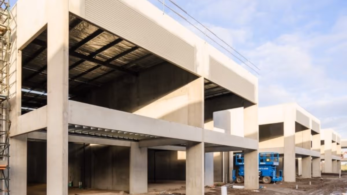 C3 Construction project of an industrial area showing building structure with scaffolding and building equipment