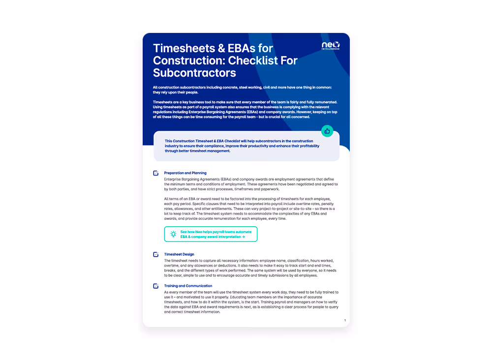 Timesheets and EBAs checklist for subcontractors focused on payroll accuracy and compliance