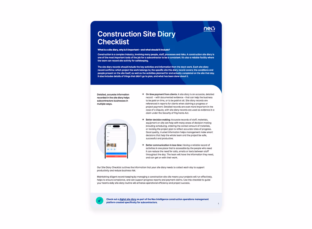 Construction site diary checklist outlining daily reporting, compliance and record keeping requirements