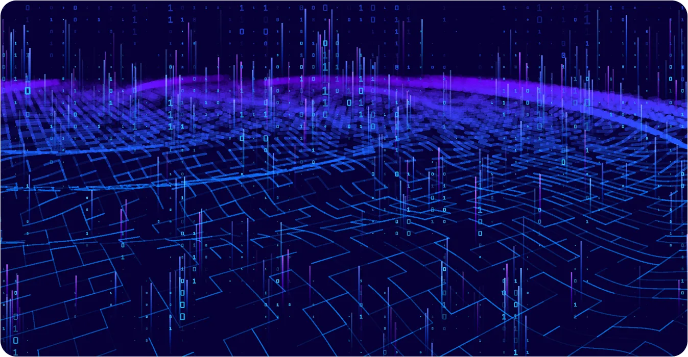 Digital landscape with glowing blue grid and vertical binary code streams in purple and blue tones.