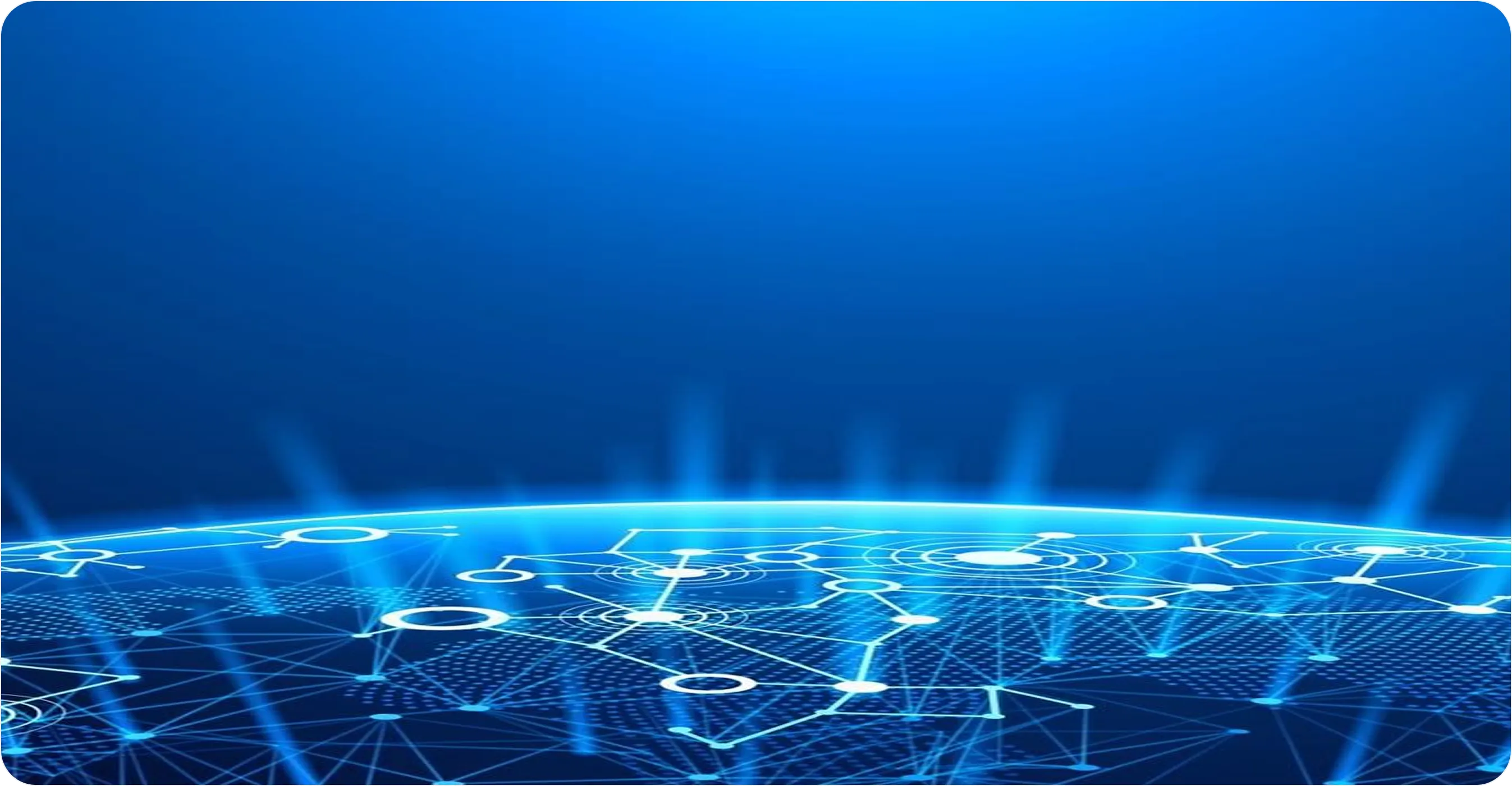 Glowing blue digital network connections on a curved surface against a dark blue background.