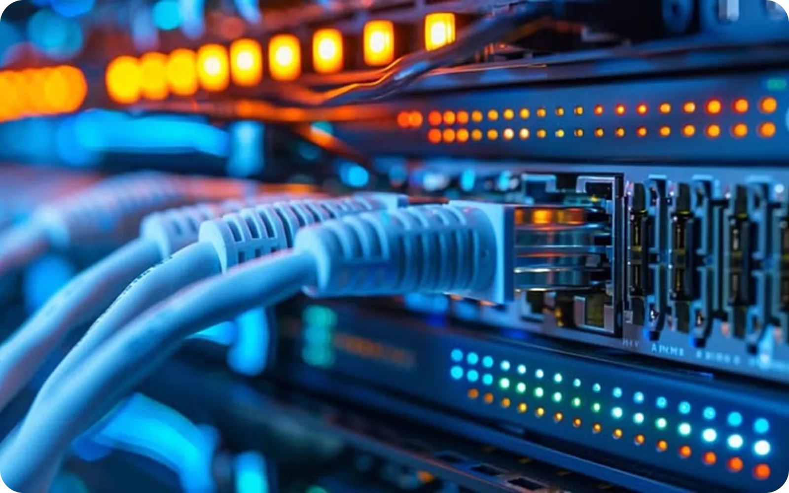 Ethernet cables plugged into a network switch with active orange and blue indicator lights.