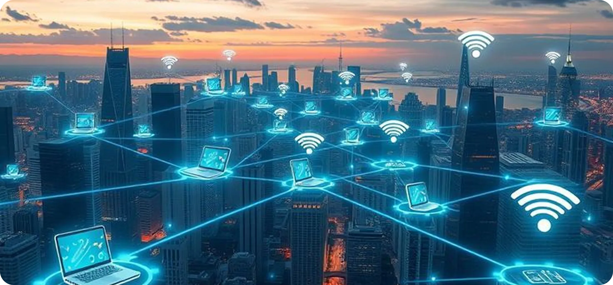 City skyline at sunset with digital laptops and Wi-Fi icons connected by glowing blue lines.