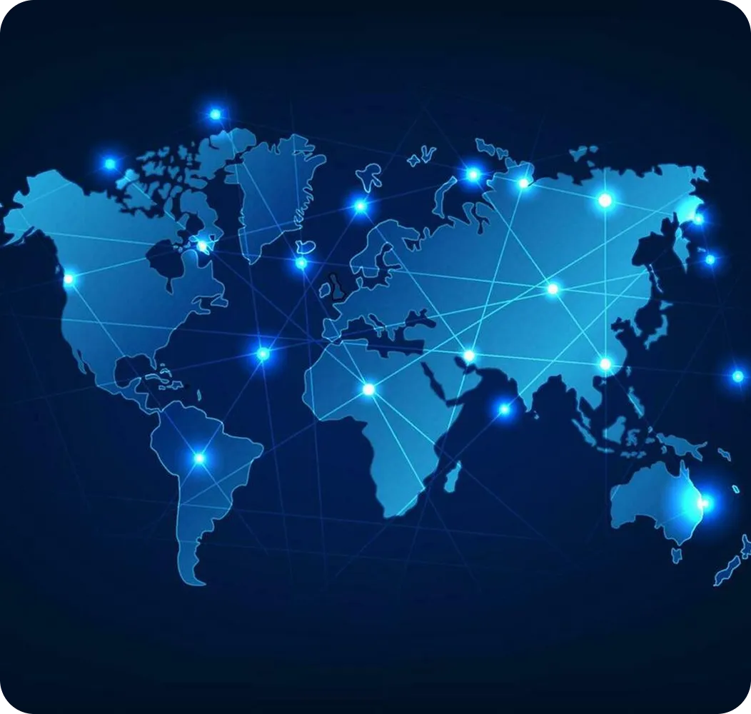 World map with glowing blue connection points linked by lines showing global network.