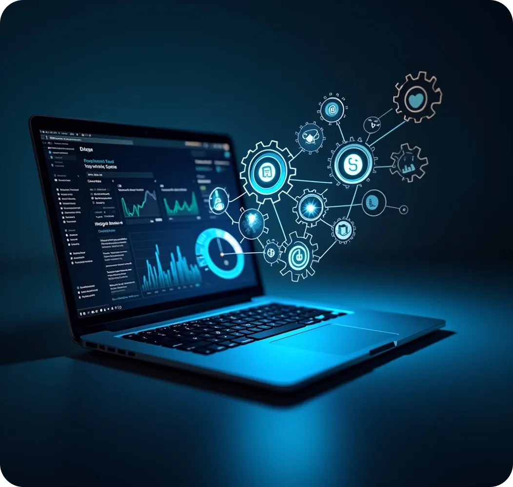 Laptop with digital data analytics graphs and interconnected tech icons floating above keyboard.