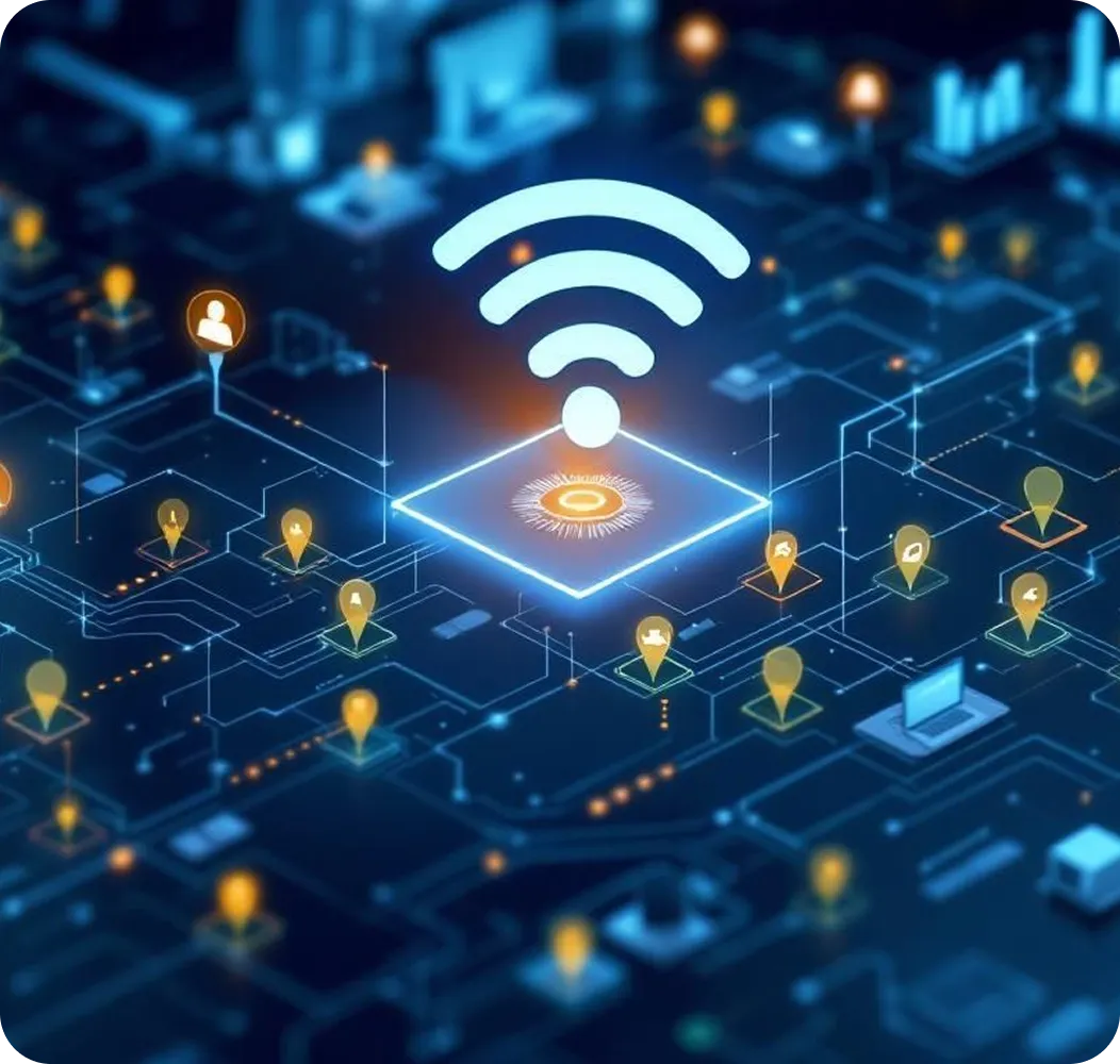 Glowing Wi-Fi symbol above digital map with glowing location pins and connected lines in blue and orange hues.