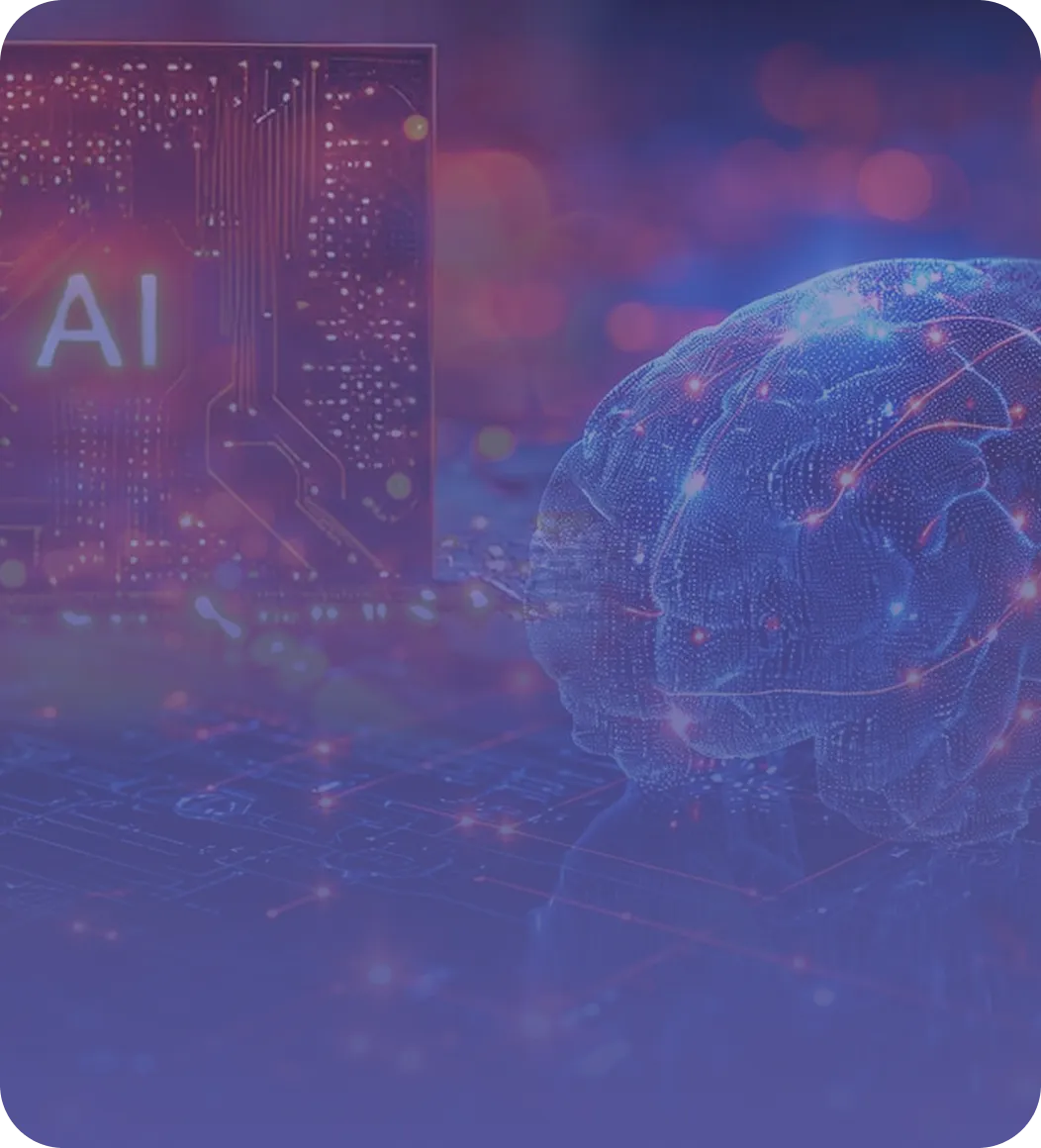 Digital brain with glowing neural connections beside an electronic circuit board labeled AI.