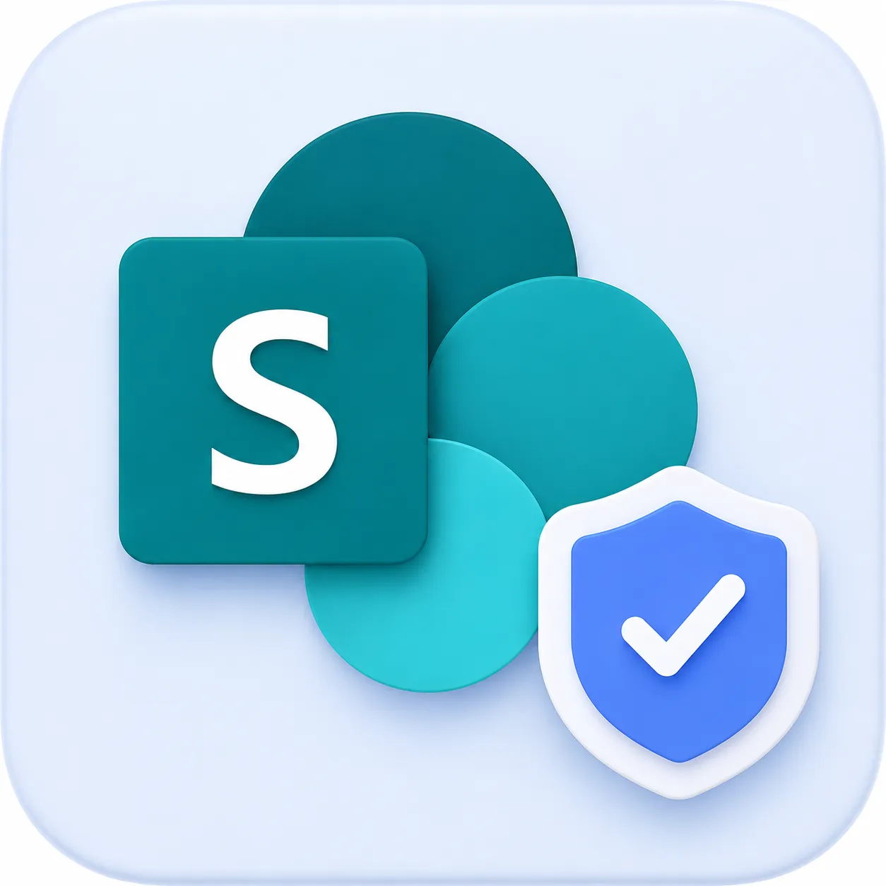 S logo on teal circles with a blue shield and white checkmark on a light square background.