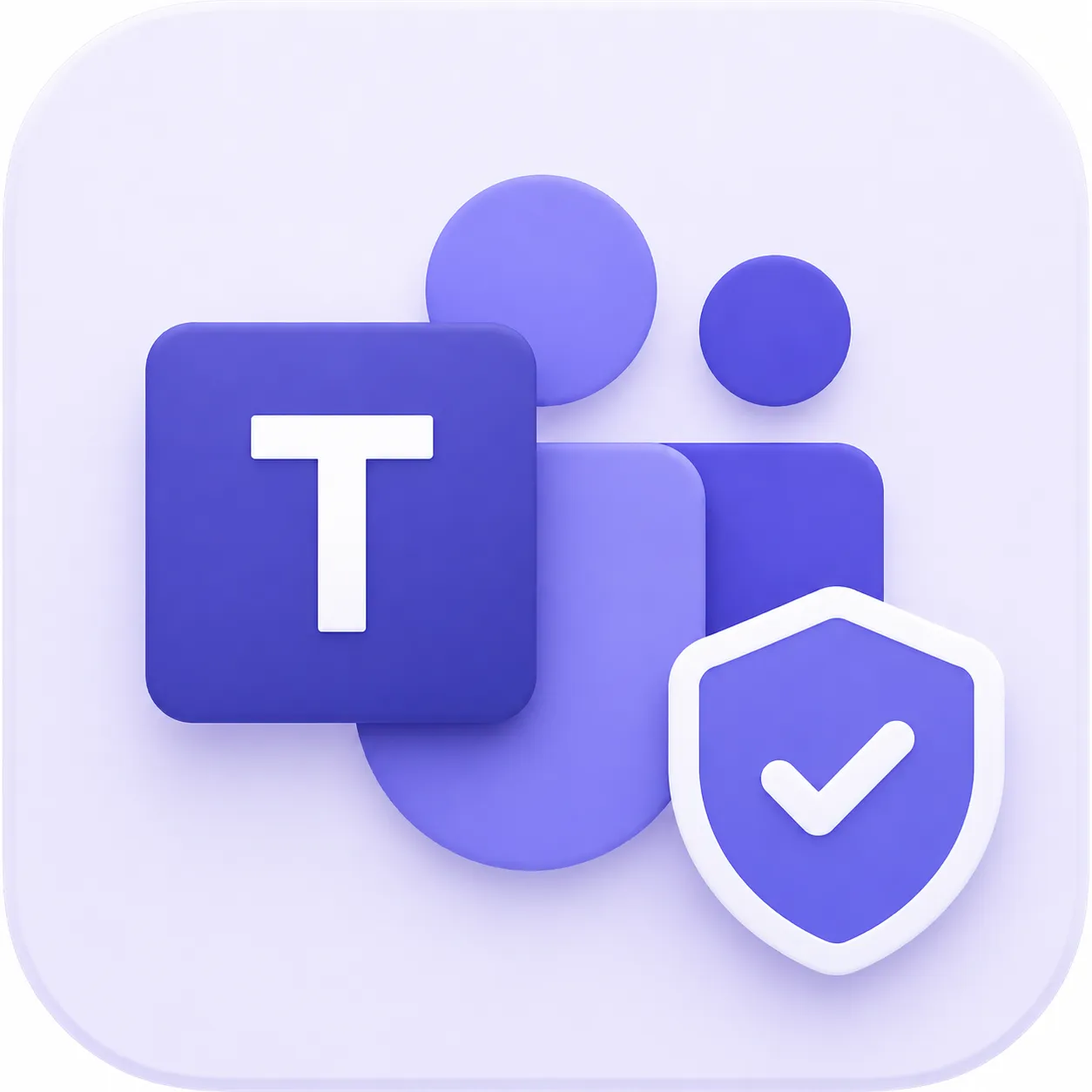 Purple Microsoft Teams icon with two abstract user figures and a security shield with a checkmark.