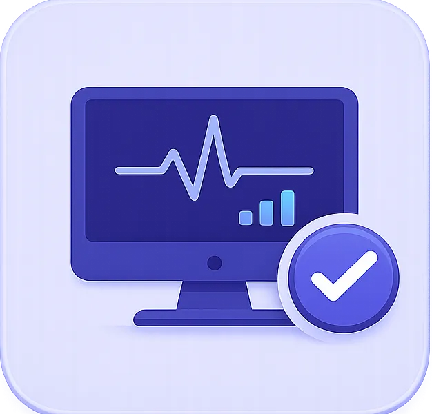 Computer monitor showing heartbeat wave and signal bars with a checkmark in a circle beside it.