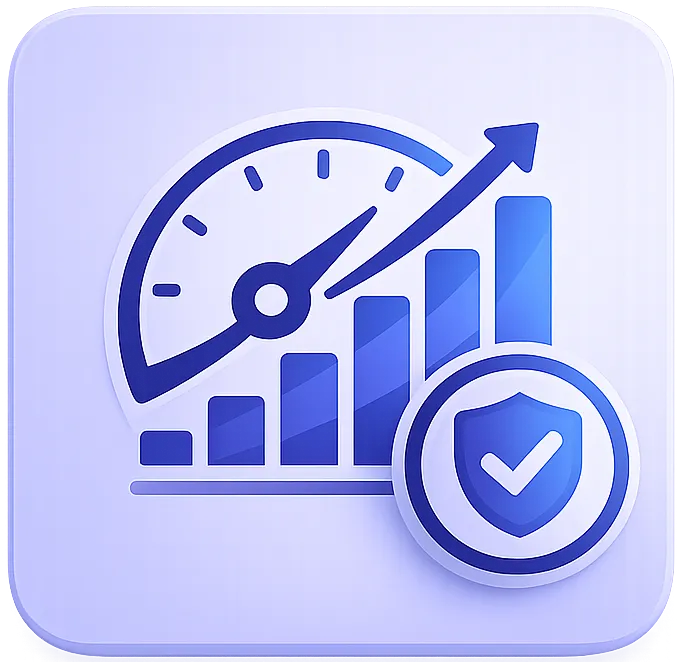 Speedometer over rising bar graph with shield and checkmark symbolizing secure performance monitoring.