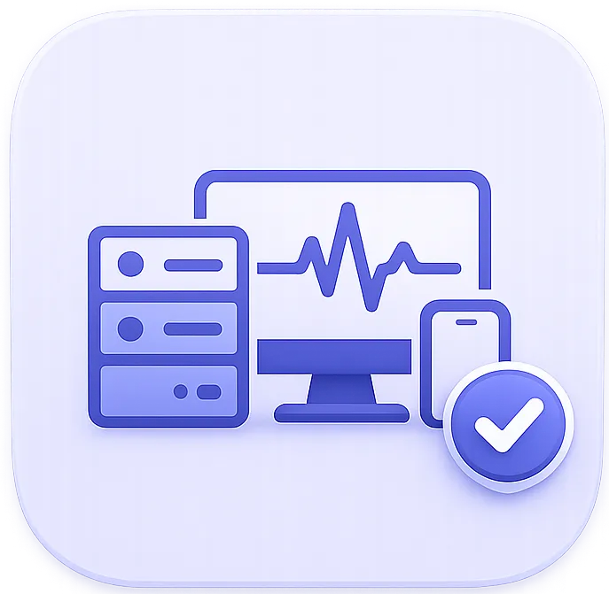 Icon showing computer monitor with heartbeat line, server, smartphone, and checkmark for device health monitoring.