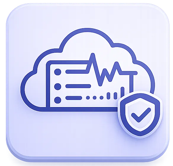 Icon of a cloud with a data graph and a shield with a checkmark symbolizing secure cloud computing.