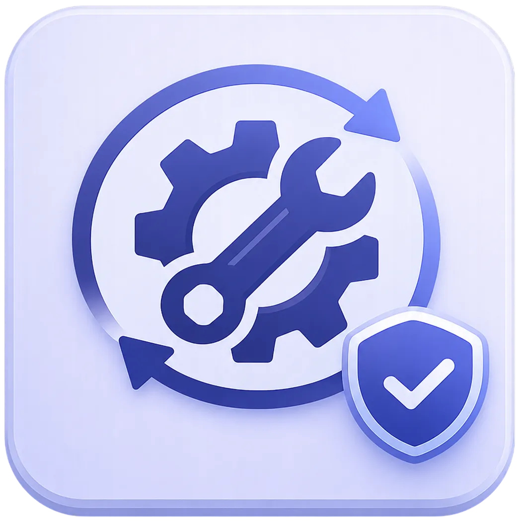 Blue gear and wrench icon with circular arrows and shield checkmark symbol for secured settings.