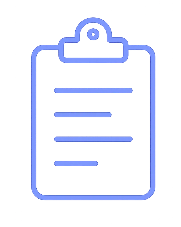 Blue clipboard icon with four horizontal lines representing text on a transparent background.