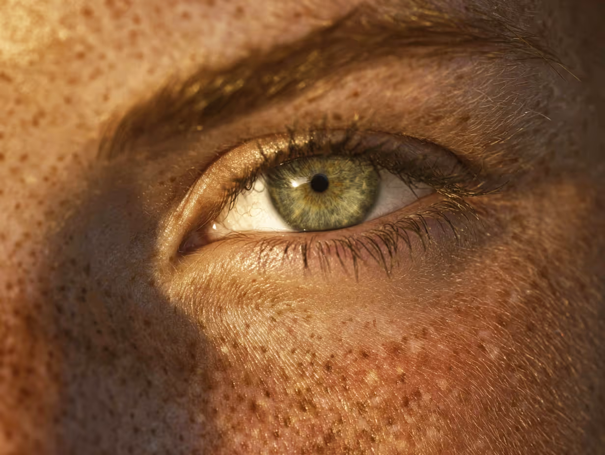 Close-up of a green eye surrounded by freckled skin and light brown eyebrows.