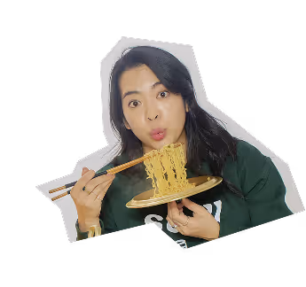 Irene holding chopsticks and a plate with steaming noodles, making an excited facial expression.