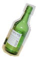 Green Soju bottle with Korean labeling, tilted at an angle.