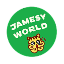 Green circular sticker with white text 'JAMESY WORLD' and a cartoon tiger face below the text.