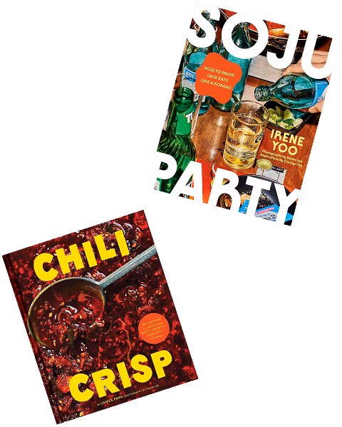 Two tilted cookbook covers, one titled 'SOJU PARTY' featuring a hand pouring soju into a glass, the other titled 'CHILI CRISP' showing a ladle scooping chili crisp sauce.