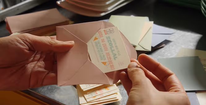 Hands holding a small pink envelope open, with a colorful paper card partially pulled out on a table with stacks of envelopes and papers in the background.