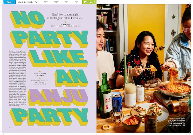 Two-page magazine spread with bold colorful text reading 'No Party Like an Anju Party' and a photo of three people enjoying Korean food and drinks around a table.