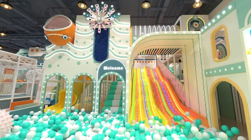 Indoor playground with colorful slides and ball pit