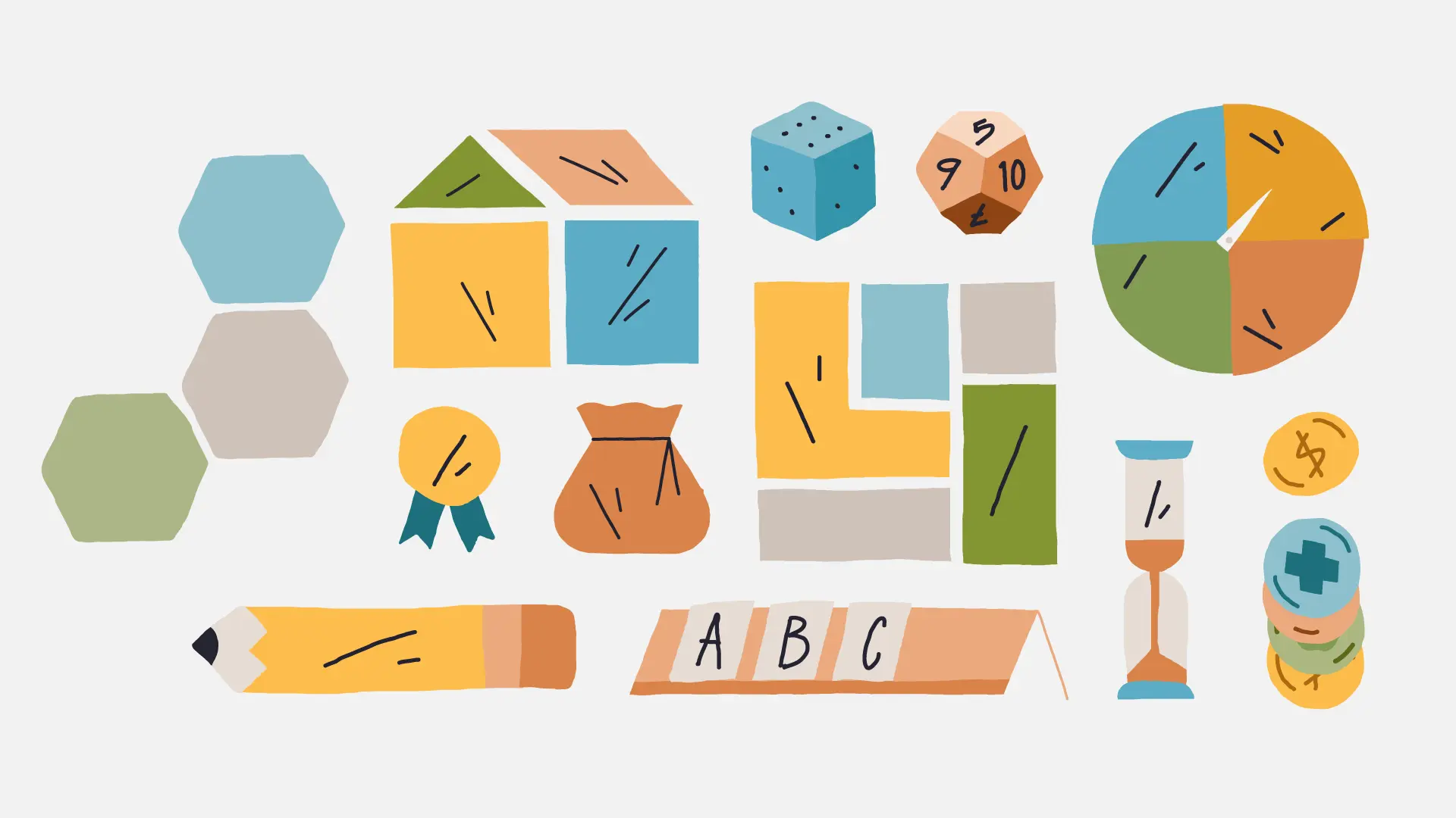 Community Solutions Illustration kit, brand design system, motion design system made by Eido. Homelessness is solvable. Illustration of colorful geometric shapes, dice, pie chart, pencil, hourglass, coins, and alphabet cards arranged on a light background.