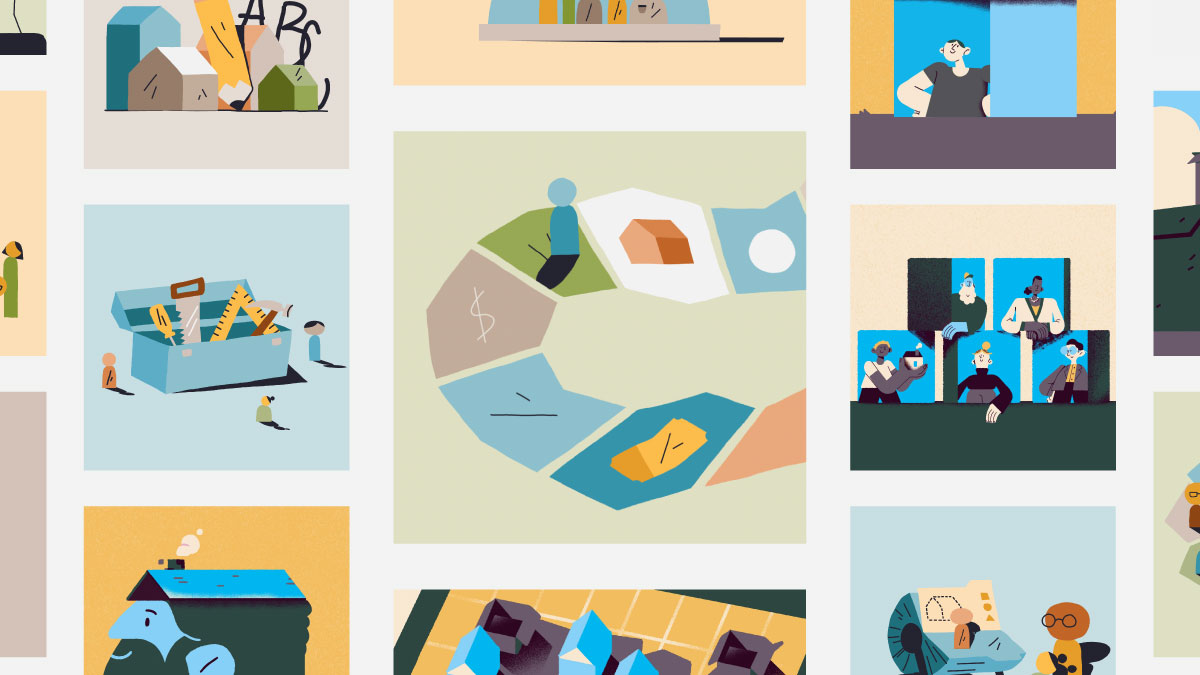 Community Solutions Illustration kit, brand design system, motion design system made by Eido. Homelessness is solvable. Illustration of a person sitting on a board with various icons including a house, dollar sign, and envelope around them.