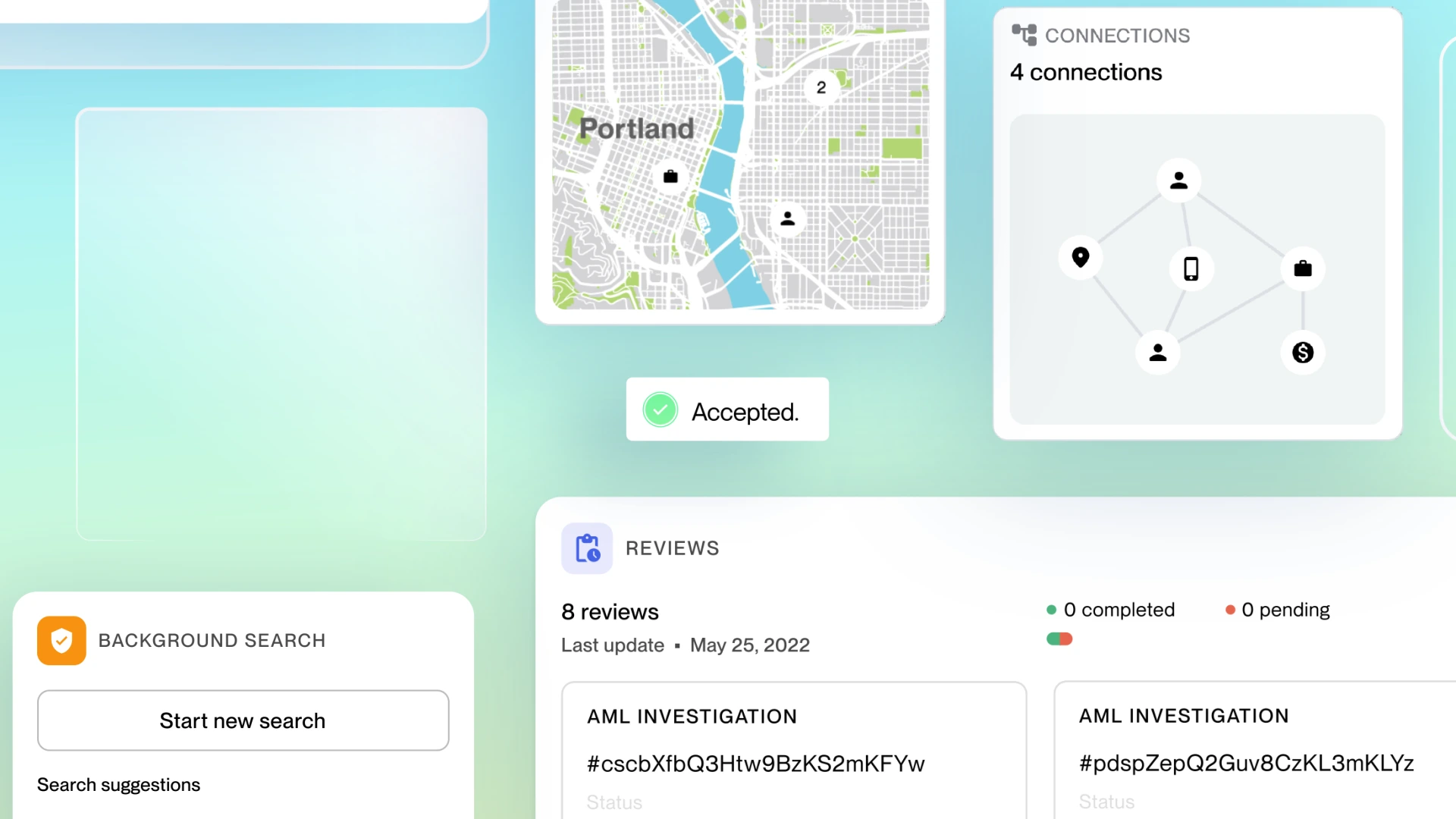 Hummingbird financial compliance explainer video designed by Eido. User interface showing Portland map, 4 connections network diagram, accepted status, background search button, and AML investigation reviews updated May 25, 2022.