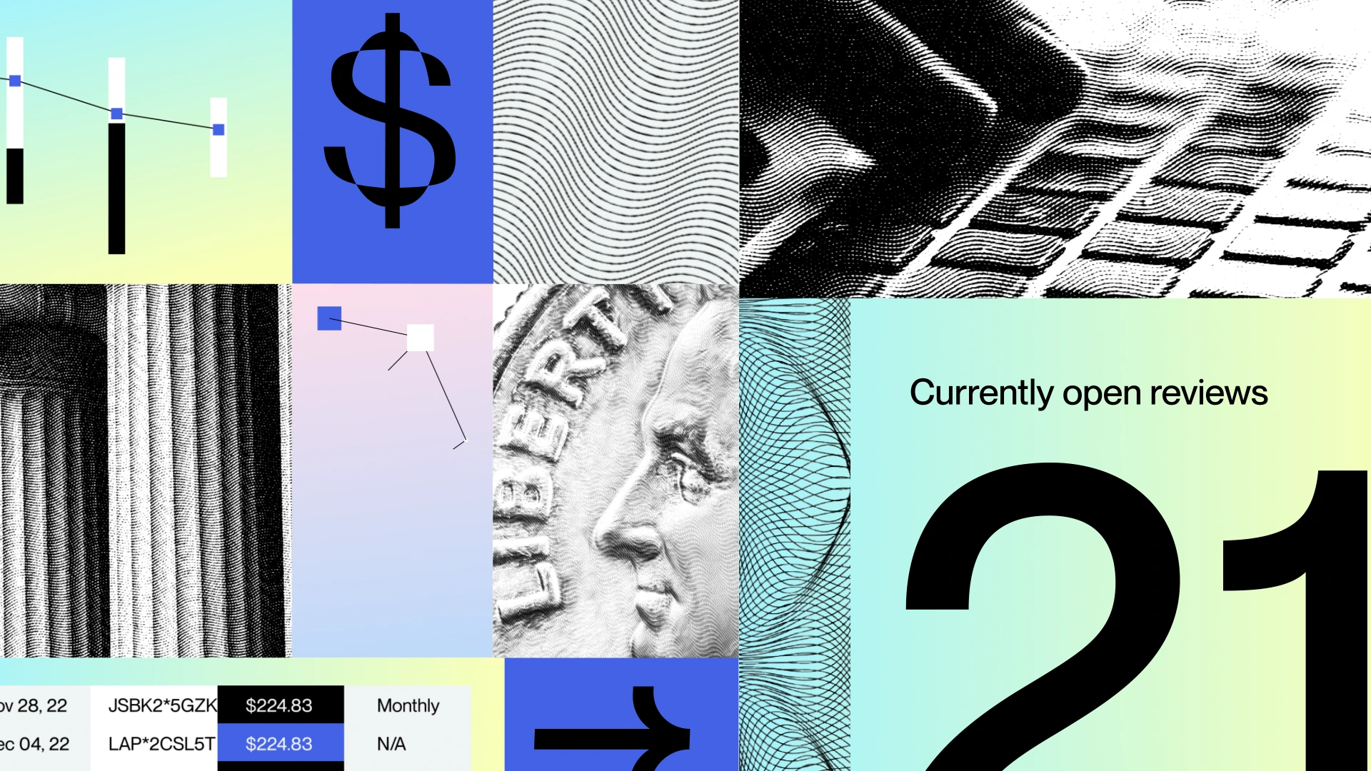 Hummingbird financial compliance explainer video designed by Eido. Collage of finance-related images including a dollar sign, a close-up of a coin, a hand typing on a keyboard, abstract line patterns, and text 'Currently open reviews 21'.