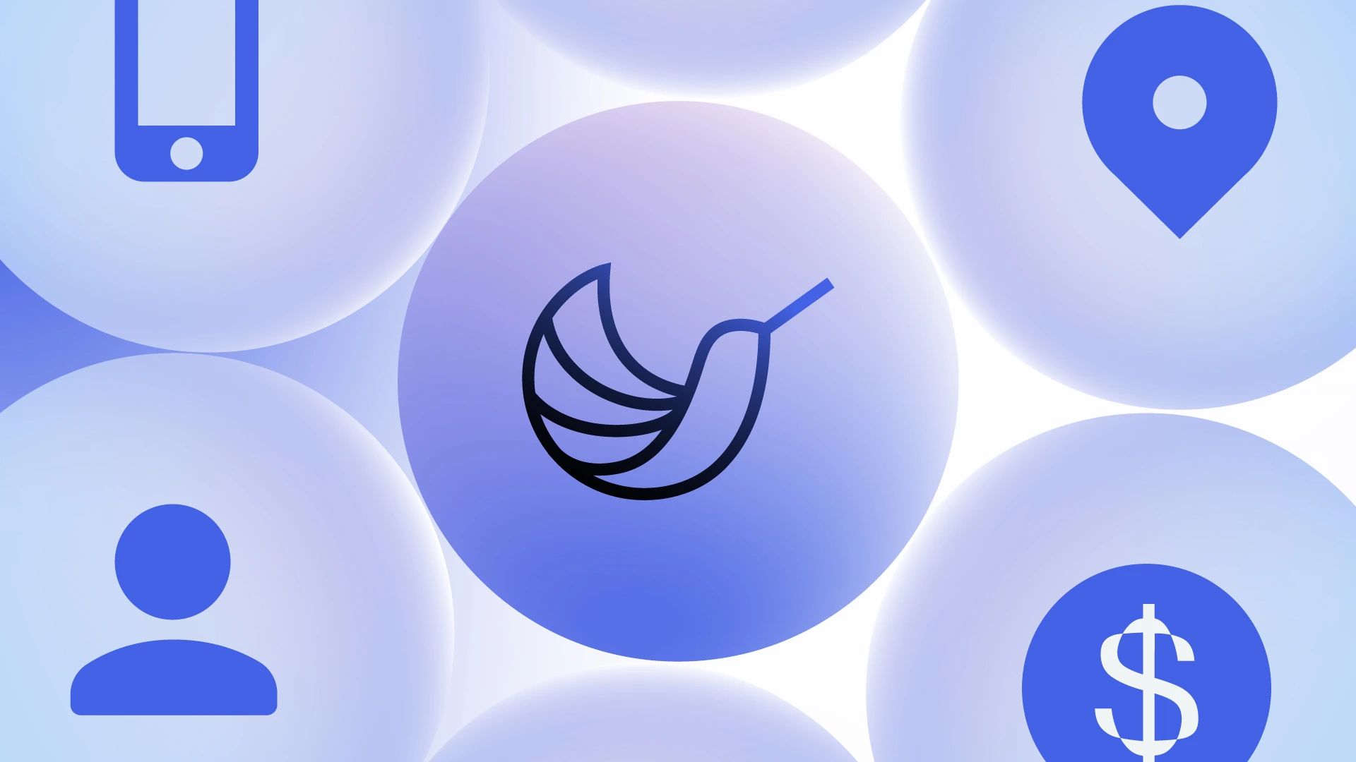 Hummingbird financial compliance explainer video designed by Eido. Blue and purple gradient spheres with icons including a hummingbird, person, smartphone, location pin, and dollar sign.