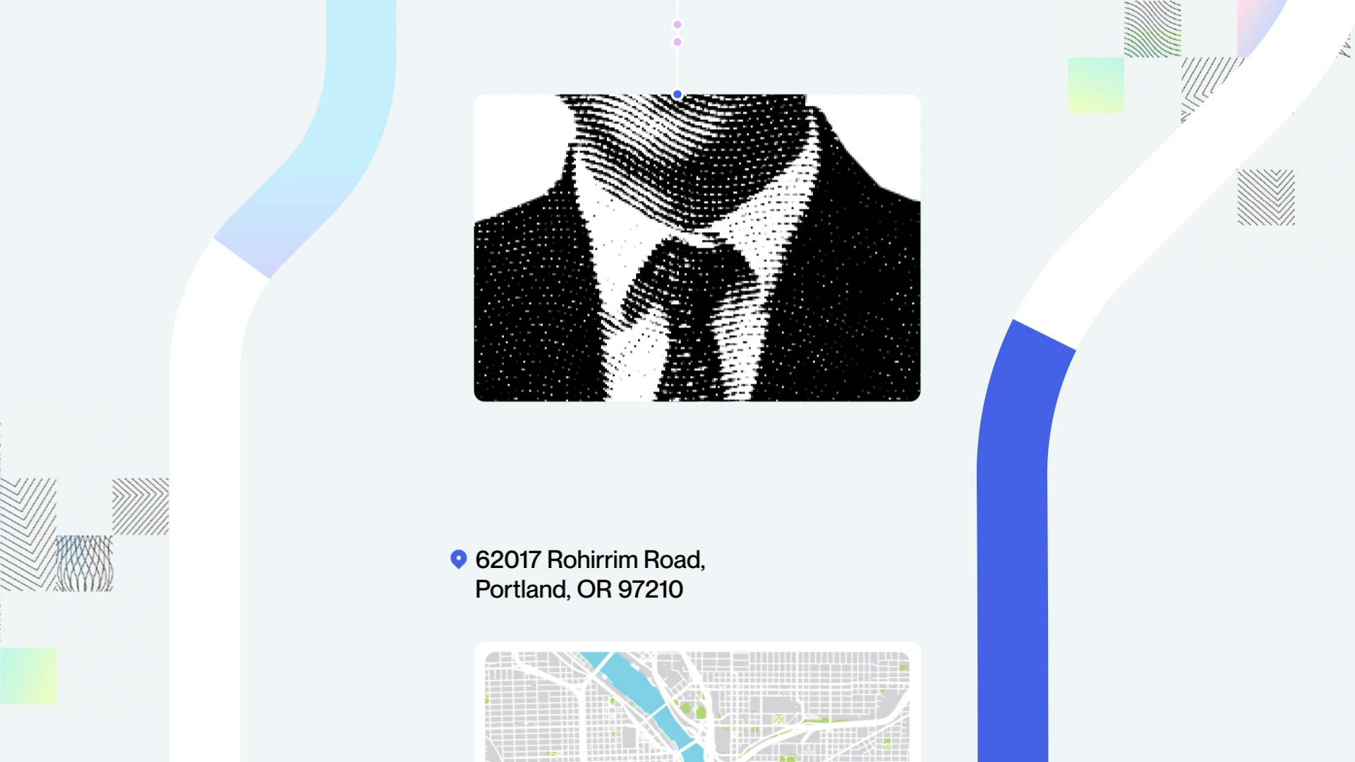 Hummingbird financial compliance explainer video designed by Eido. Black and white halftone illustration of a man wearing a suit and tie, cropped below the nose.