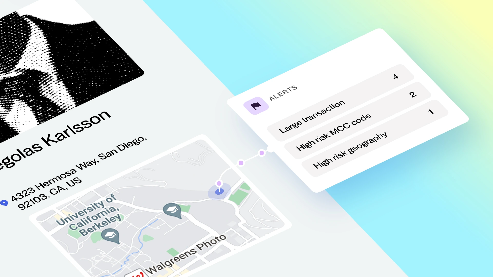 Hummingbird financial compliance explainer video designed by Eido. User profile showing Nicolas Karlsson's black and white photo, address in San Diego, a map highlighting University of California Berkeley, and an alerts panel listing large transaction (4), high risk MCC code (2), and high risk geography (1).