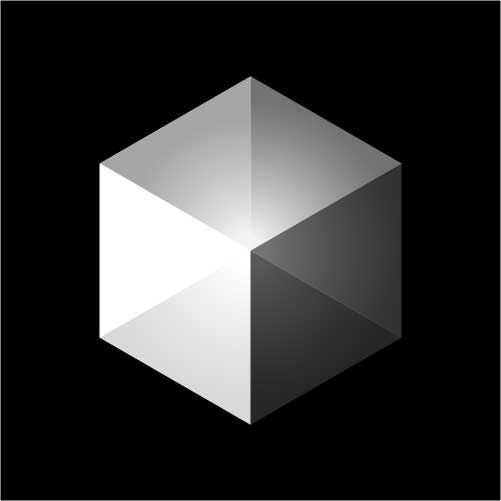 Nexus logo. Cube. Icon only. Three-dimensional hexagonal prism shaded with gradient tones from white to black on a black background.